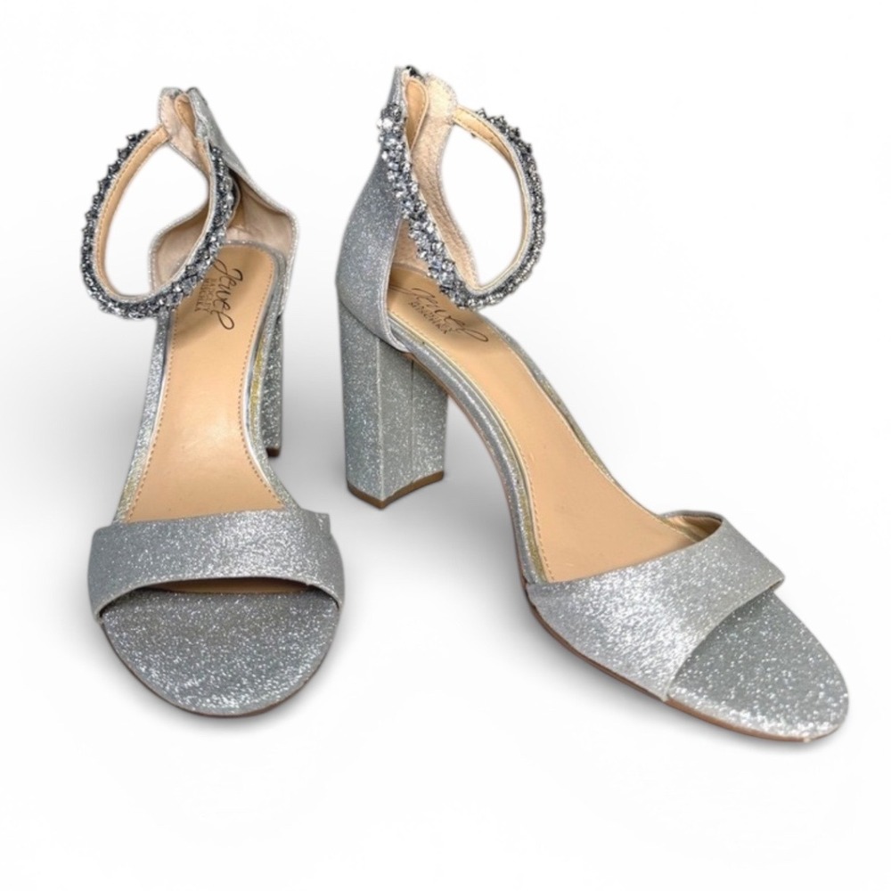 Jewel Badgley Mischka Silver Glitter‎ Strappy Block Heels Women's Size 8.5